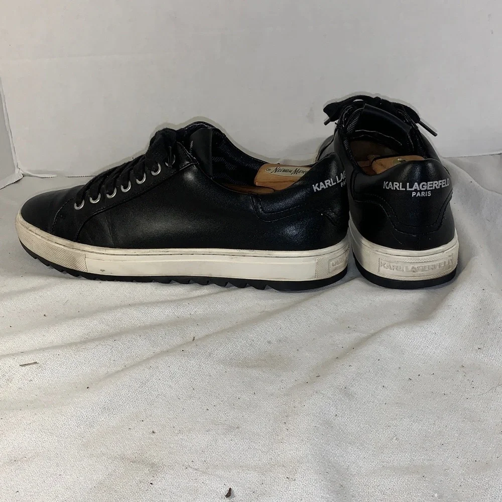 Karl Lagerfeld Mens Black Leather Low-Top Sneakers with White Sole